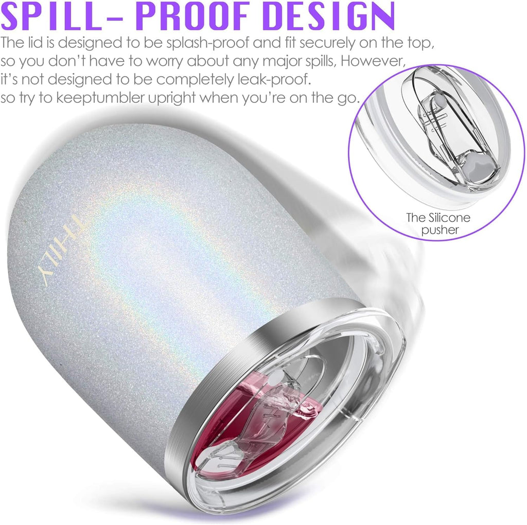 THILY 12Oz Glitter White Insulated Stainless Steel Wine Tumbler with Sliding Lid & Straw - Perfect for Coffee, Cocktails, and Cold Drinks!