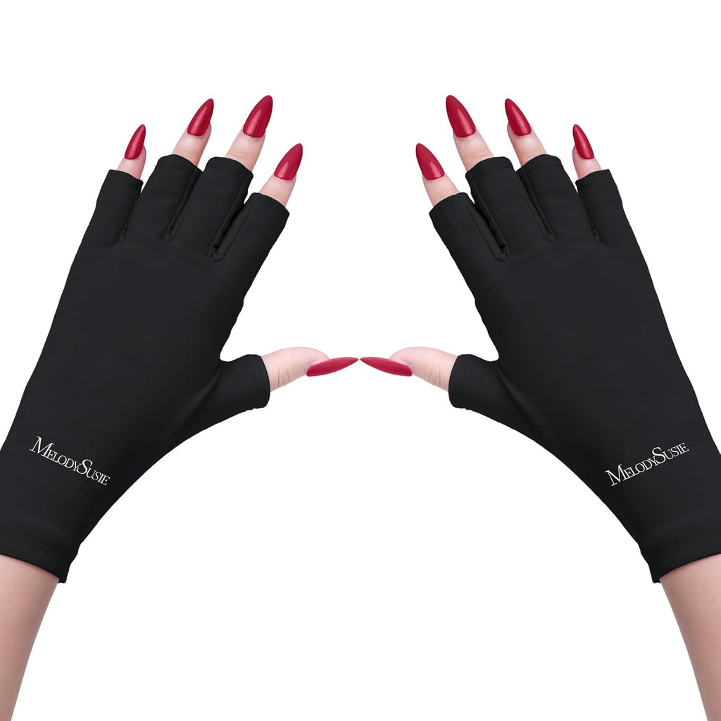 Melodysusie UV Protection Gloves for Gel Nail Lamps - UPF50+ Fingerless Manicure Gloves for Men and Women - Safeguard Your Hands from Sun and Nail Dryer Damage (Black)