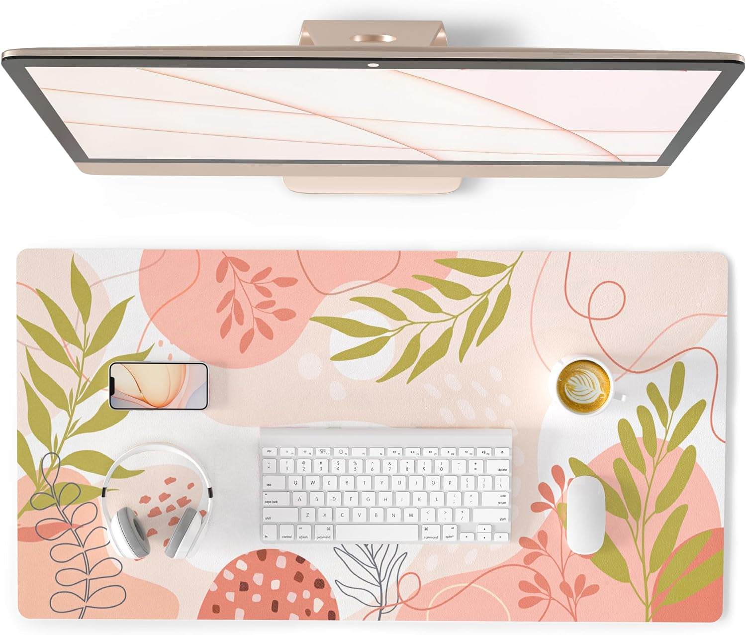 QIYI White Mouse Pad, Cute Marble Large Desk Mat, PU Leather Desk Protector Mousepad, Gold Grey Striped Waterproof Computer Keyboard Gaming Mouse Pads, Non Slip Extended Writing Pad 31.5" X 15.7"