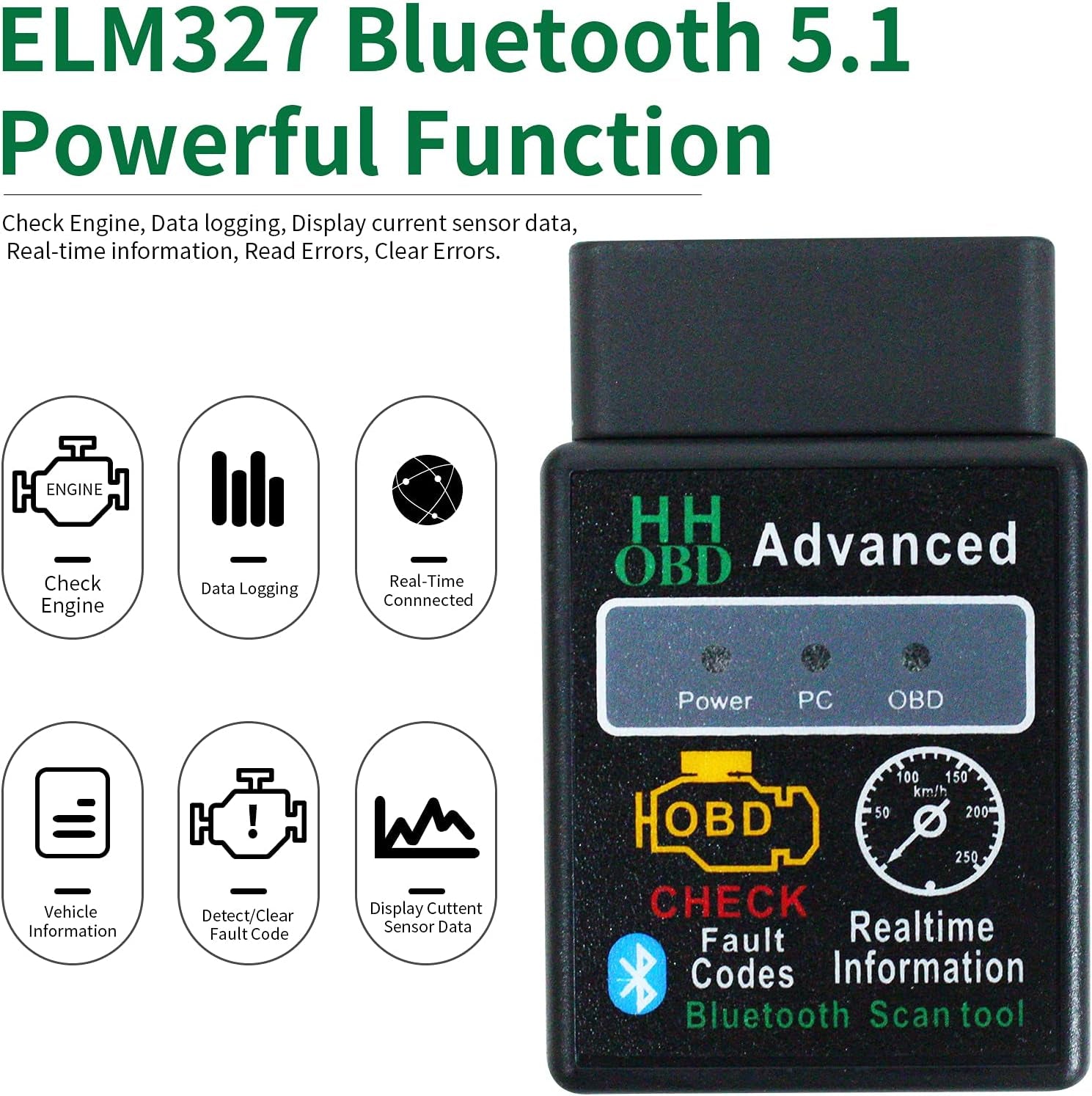OBD2 Bluetooth Wireless Diagnostic Code Reader OBD II Scan Tool Reset & Clear Check Car Engine Light,Bluetooth Scanner Read, Compatible with Ios& Android & Windows