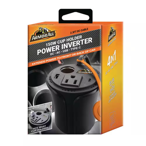 150W Cup Holder Power Inverter, DC AC USB Type-C, Extend Power to Back of Car