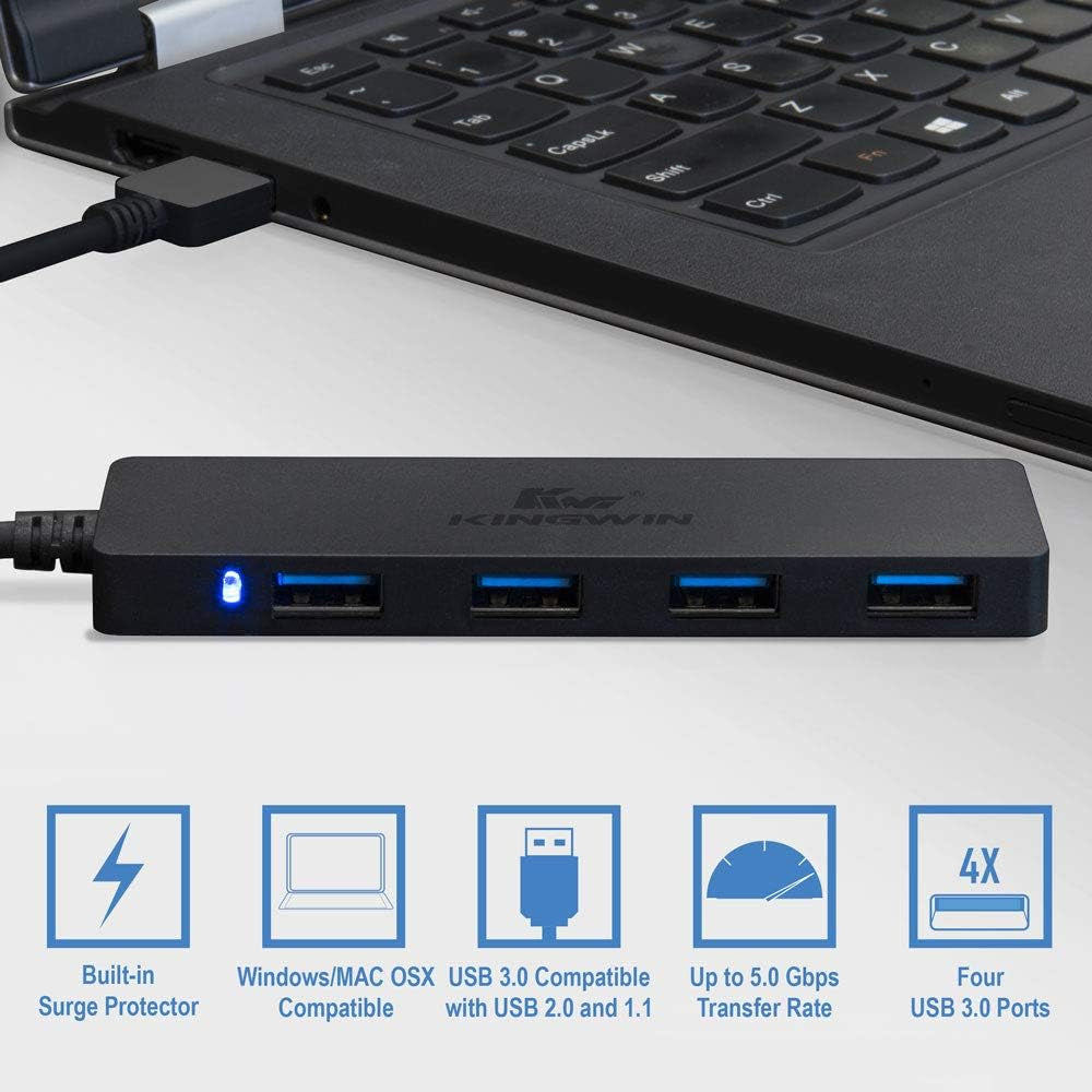 Ultra Slim Kingwin 4-Port USB 3.0 Hub - Perfect for Mac, Chromebook, Surface Pro, and More!