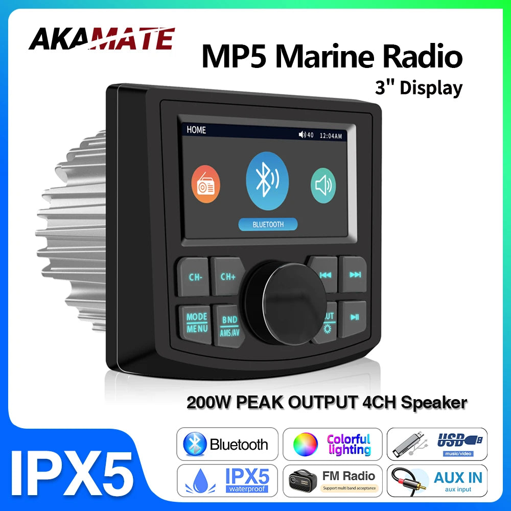 Marine Radio MP5 Boat Radio Stereo 3Inch Display Media Video Player Waterproof Bluetooth AUX AM FM RDS for ATV UTV SPA RZR
