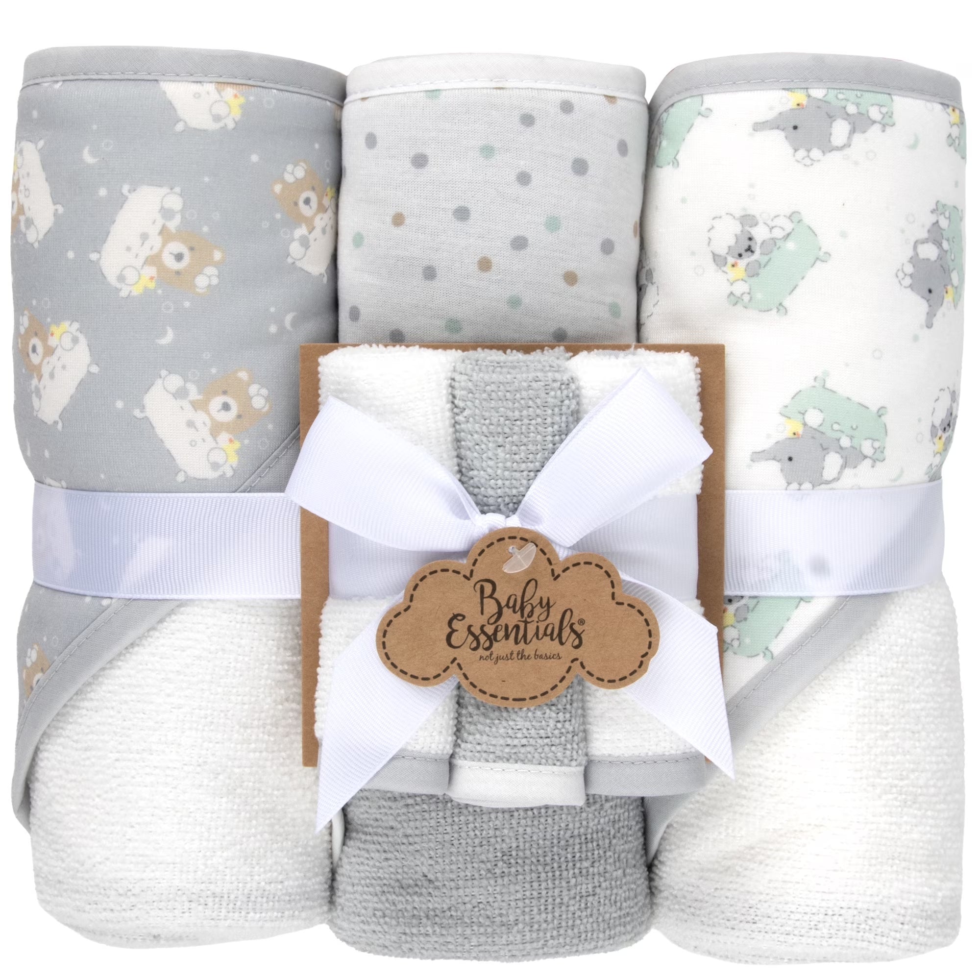 Baby Essentials 6 Piece Hooded Bath Towel Washcloth Set for Infant, Newborns, Toddlers 3 – 24 Months for Bath Time, Showers, Lounge, Beach, Pool in Dinosaurs & Stripes