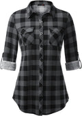 DJT Womens Soft Stretchy Knit Plaid Shirts Roll up Long Sleeve Collared Button down Blouses Tops