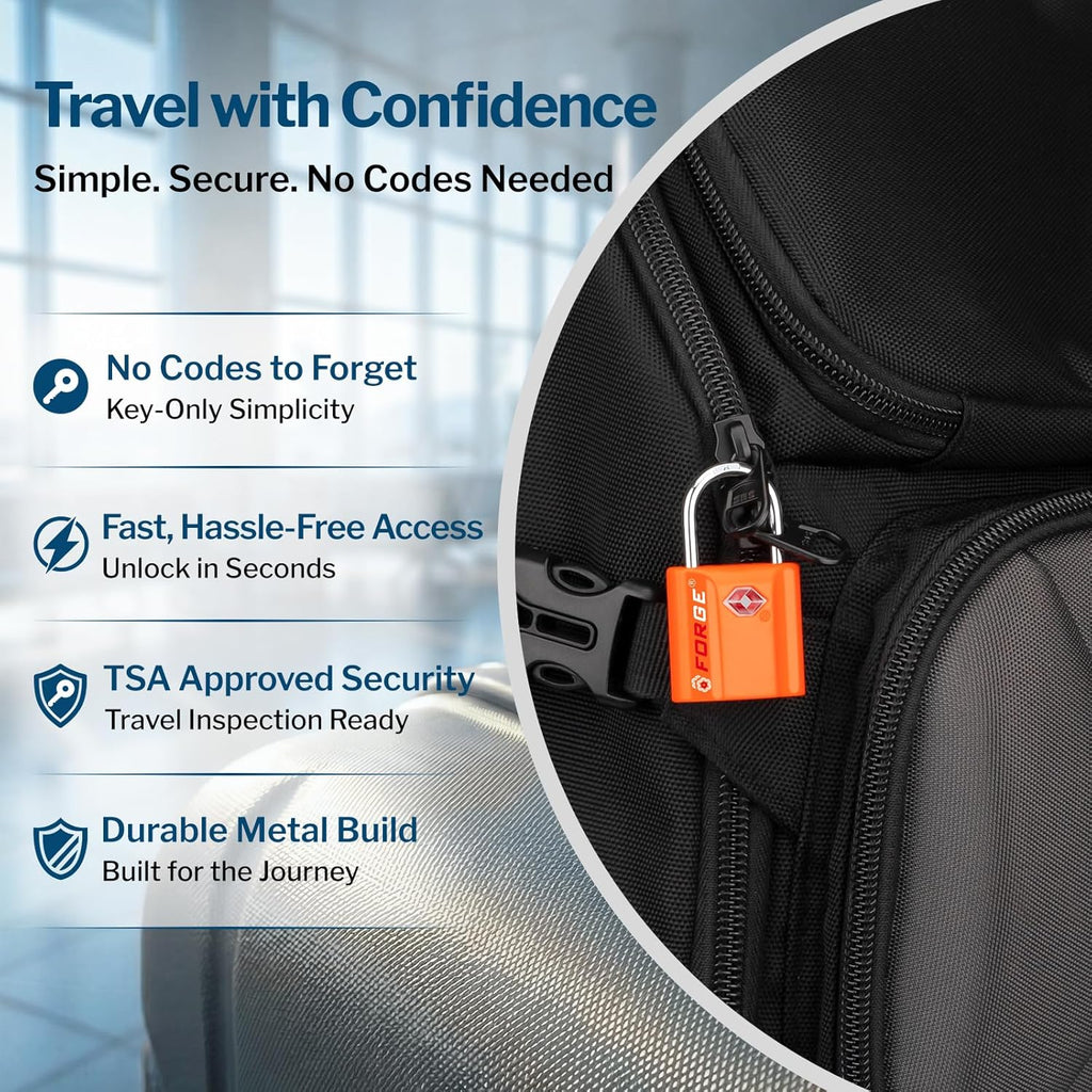 Forge Small TSA Approved Luggage Locks - Ultra Secure Dimple Key Travel Locks, Alloy Body, Perfect for Luggage, Travel Cases & Backpacks - 4 Pack in Vibrant Orange