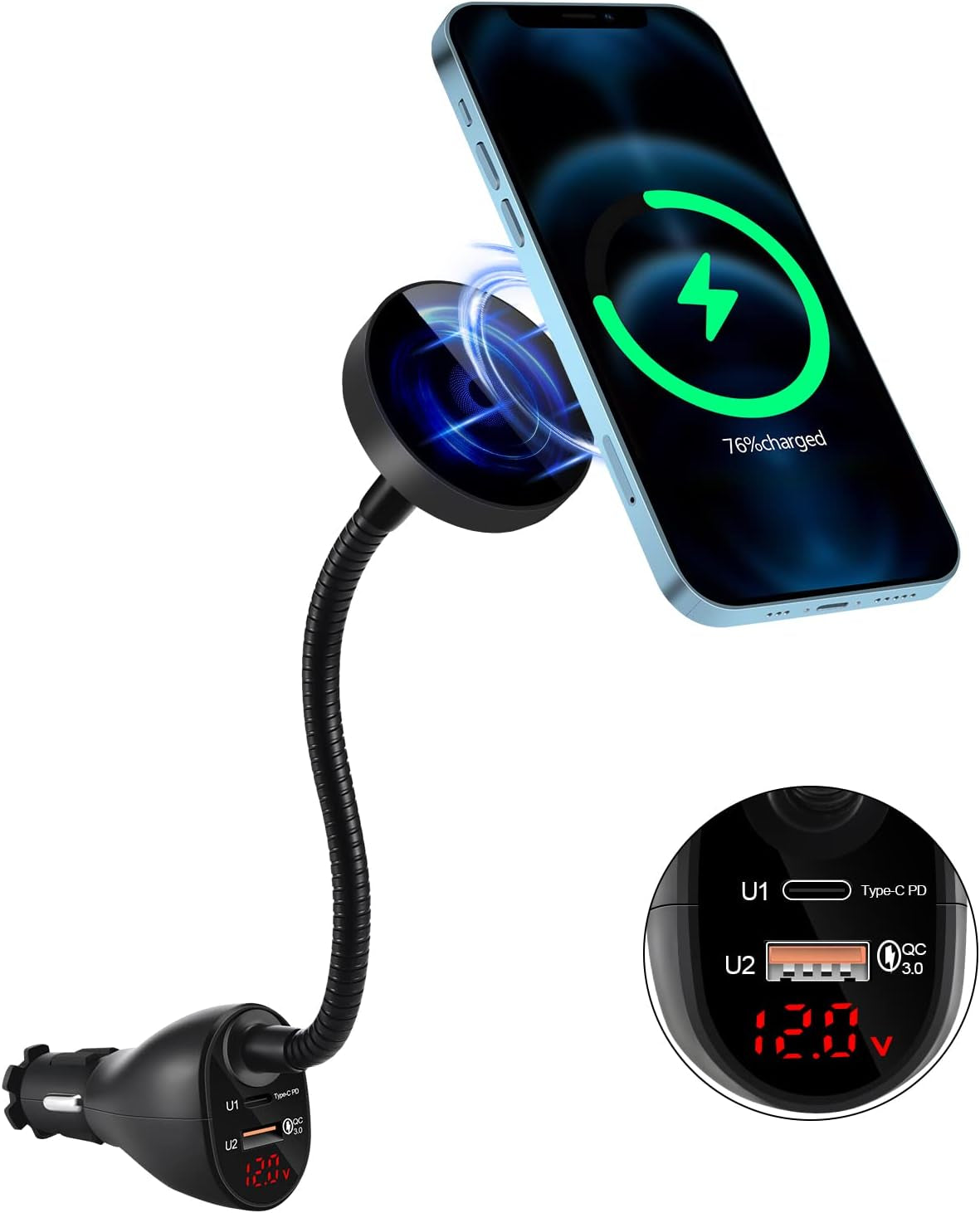 DACK Mag-Safe 15W Car Cigarette Lighter Wireless Charger, Magnetic Auto-Alignment Air Vent Mount Holder with Dual Port PD&QC3.0 Fast Charging for Iphone 13/13 Pro/ 13 Pro Max/12 Series
