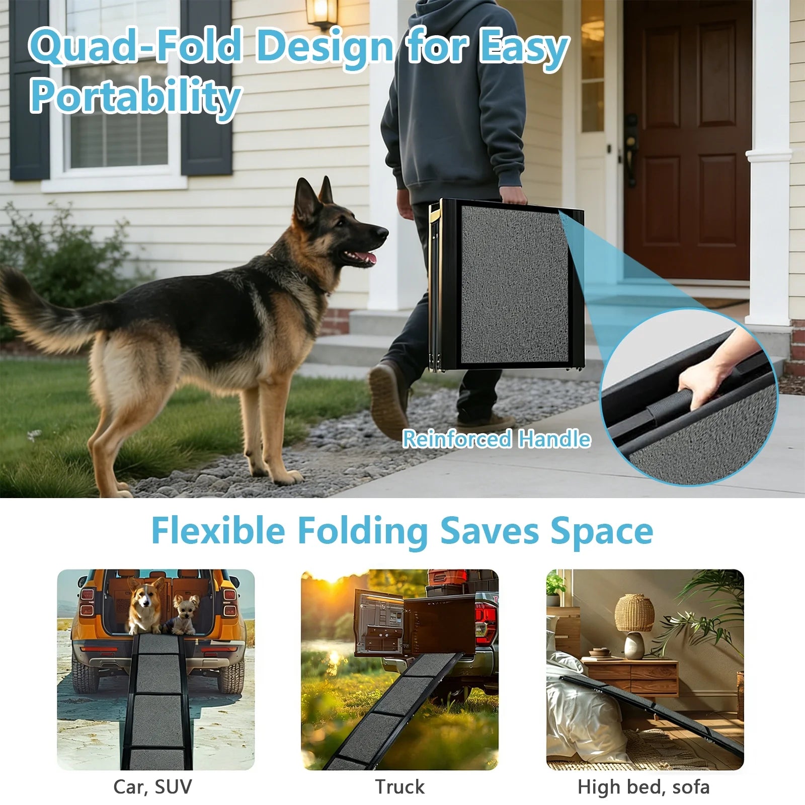 67" Foldable Dog Ramp for Car, Bed & Sofa - Extra-Wide 17.3" Pet Ramp with Non-Slip Surface, Portable Indoor/Outdoor Ramp Suitable for All Dogs