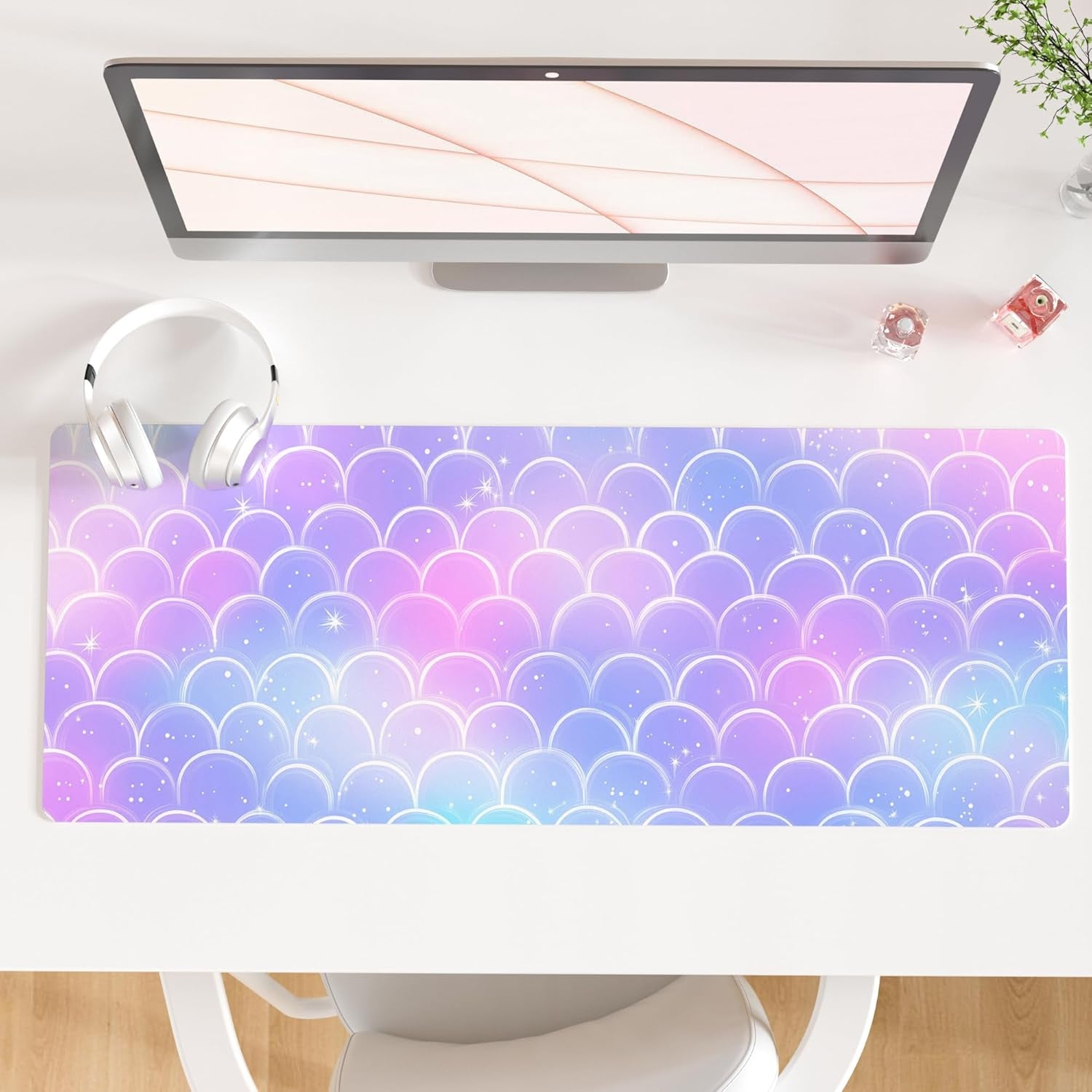 QIYI White Mouse Pad, Cute Marble Large Desk Mat, PU Leather Desk Protector Mousepad, Gold Grey Striped Waterproof Computer Keyboard Gaming Mouse Pads, Non Slip Extended Writing Pad 31.5" X 15.7"