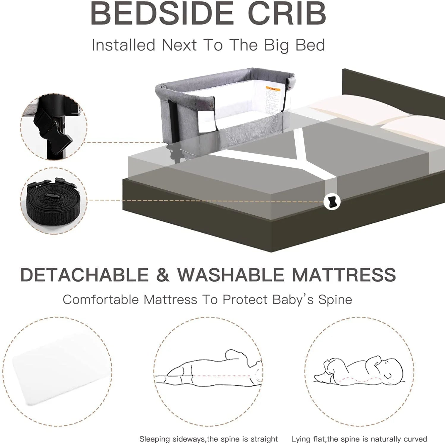 Nordmiex Baby Bassinet 3 in 1 Adjustable Bedside Sleeper Bed for Infant Baby with Breathable Net, Gray