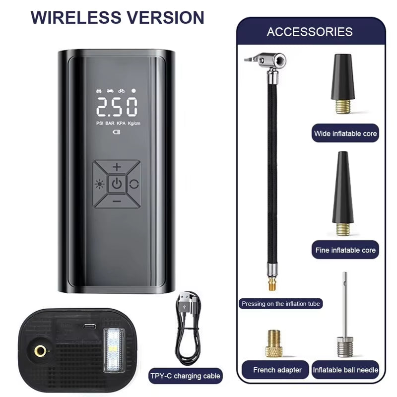 Portable Wireless Car Air Compressor - Electric Tire Inflator for Motorcycles, Bicycles, Boats, and More!