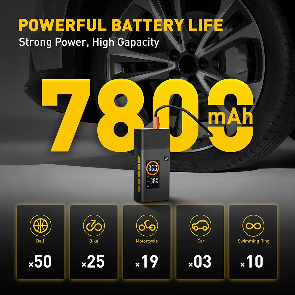 Tire Inflator Portable Air Compressor, 150 PSI Cordless Air Pump with 7800Mah Rechargeable Battery for Car, Truck, Motorcycle Tires & Ball, Compact Bike Pump