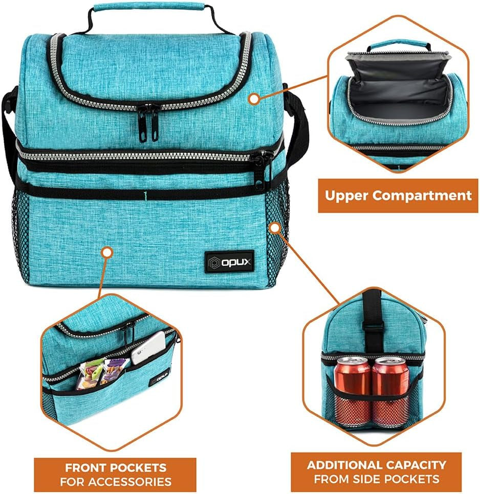 OPUX Insulated Double Decker Lunch Box - Large 12L Leakproof Cooler for Adults & Kids - Aqua Turquoise Soft Tote for Work & School Meal Prep