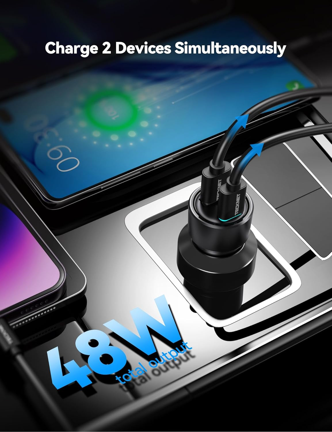 TECKNET 48W Dual USB Car Charger - Fast Charging Adapter for iPhone 17/16/15/14 Pro Max/Plus & Galaxy (2-Pack)