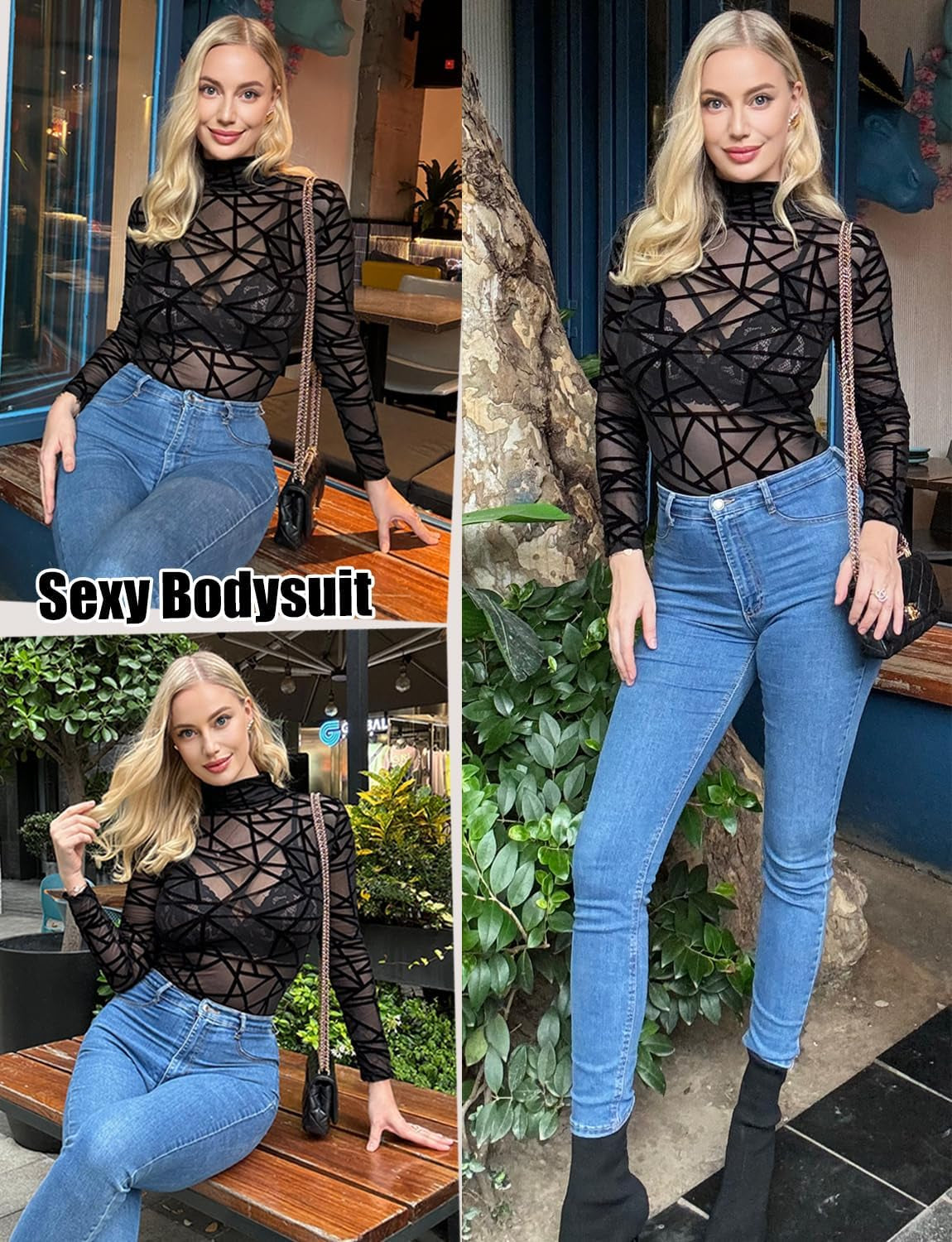 Aranmei Long Sleeve Bodysuit for Women Mesh Bodysuit Turtleneck Sheer Tops Geo Print Leotards S-XXL