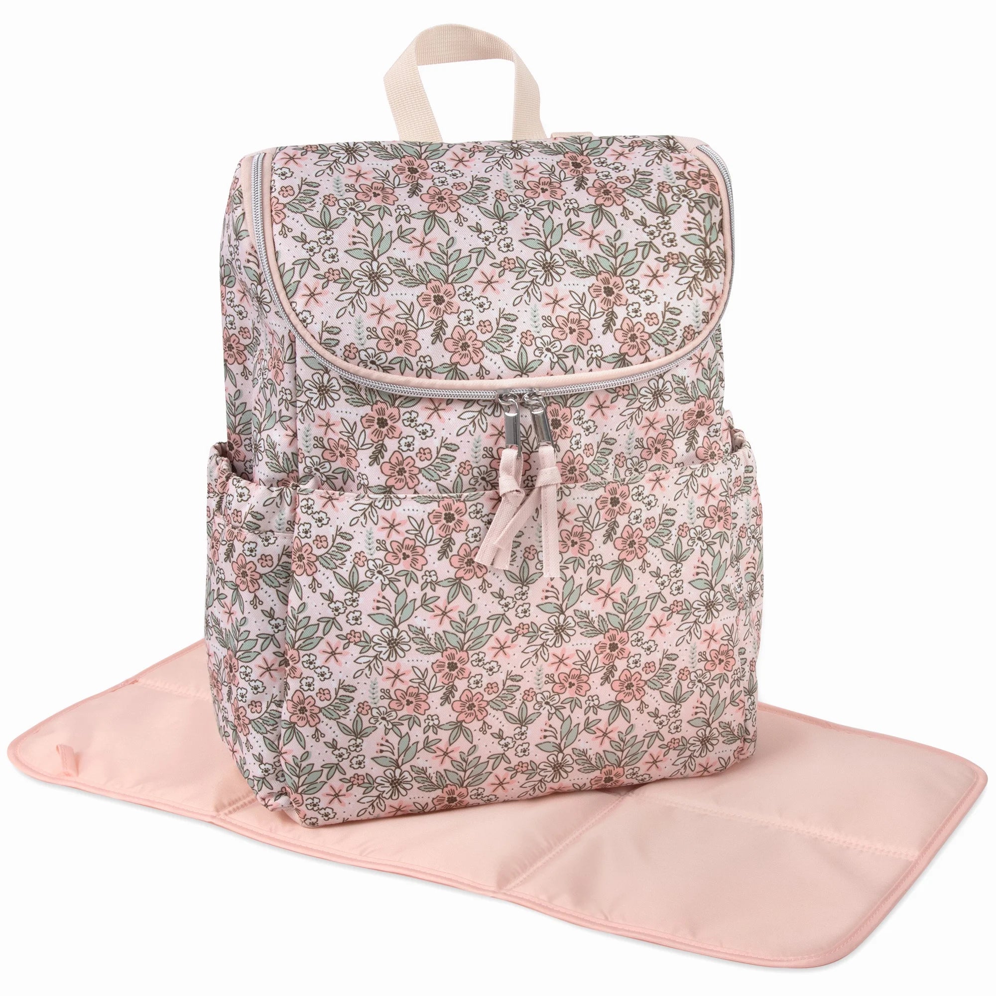 Baby Essentials 2 Piece Baby Diaper Backpack with Stroller Straps and Matching Changing Pad in Floral Taupe