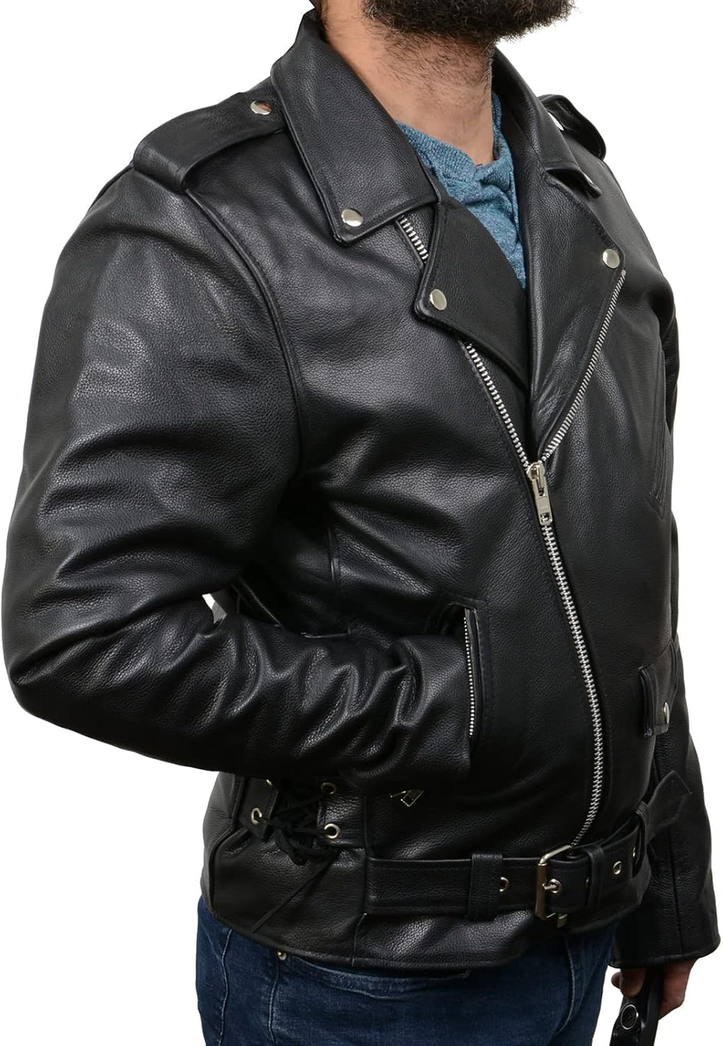 Milwaukee Leather SH1011 Men'S Classic Brando Premium Leather Black Motorcycle Riders Leather Jacket W/Side Laces
