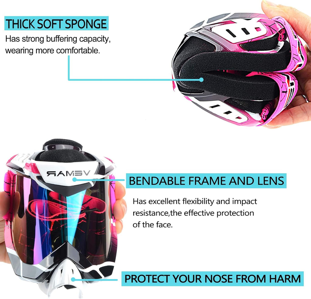 Pink Motorcycle Motocross Goggles - Windproof, Dustproof, Scratch Resistant ATV Racing & Dirt Bike Safety Glasses