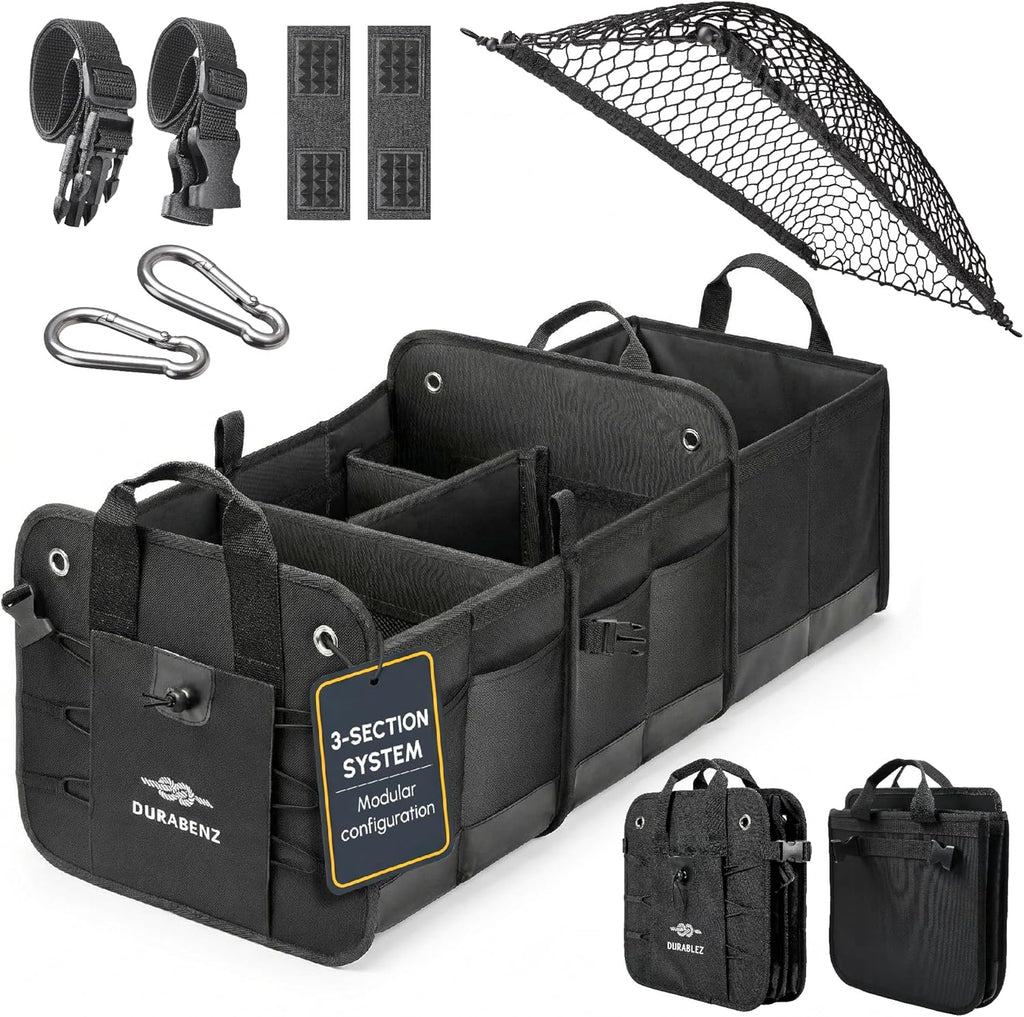 Ultimate XL 3-Section Car Trunk Organizer – Heavy Duty Foldable Cargo Storage Bin with Multi-Compartment Design – Perfect for a Clutter-Free Ride!