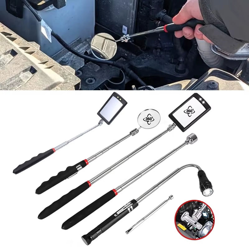 360° Inspection Mirror LED Light Extend Telescopic Inspection Work Mirror with Grip Handle Car Maintenance Repairing Pickuptools