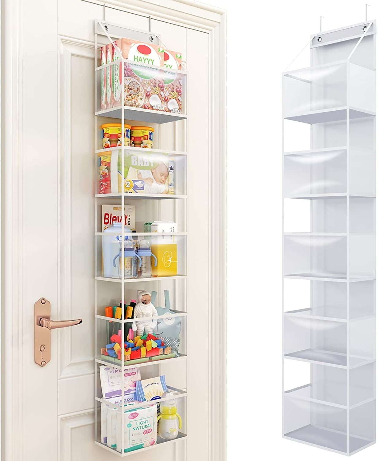 Ohhgo over the Door Hanging Pantry Organizer 6-Shelf behind the Door Storage Organizer with Clear Plastic Pockets Large Capacity for Closet Bedroom Bathroom (White)