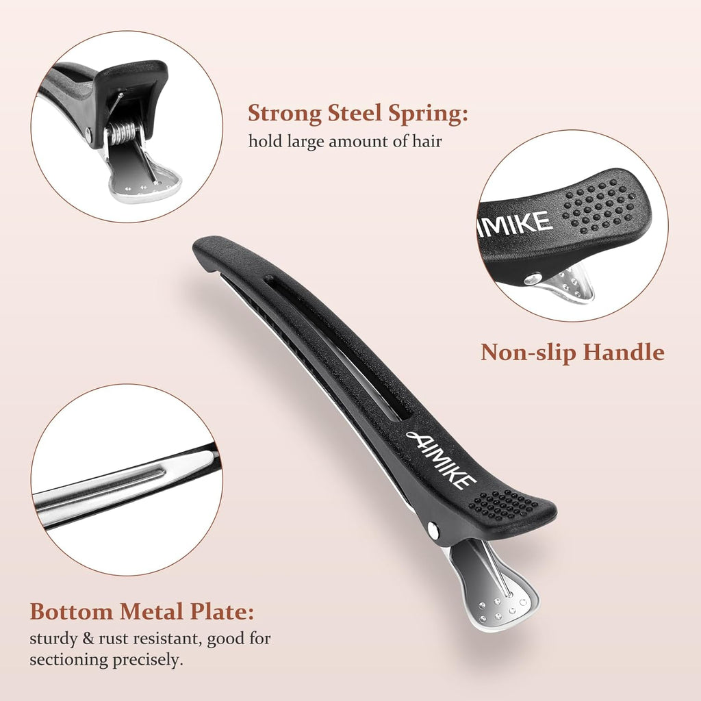 AIMIKE 6Pcs Professional Hair Clips for Styling Sectioning, Non Slip No-Trace Duck Billed Hair Clips with Silicone Band, Salon and Home Hair Cutting Clips for Hairdresser, Women, Men - Black 4.3” Long