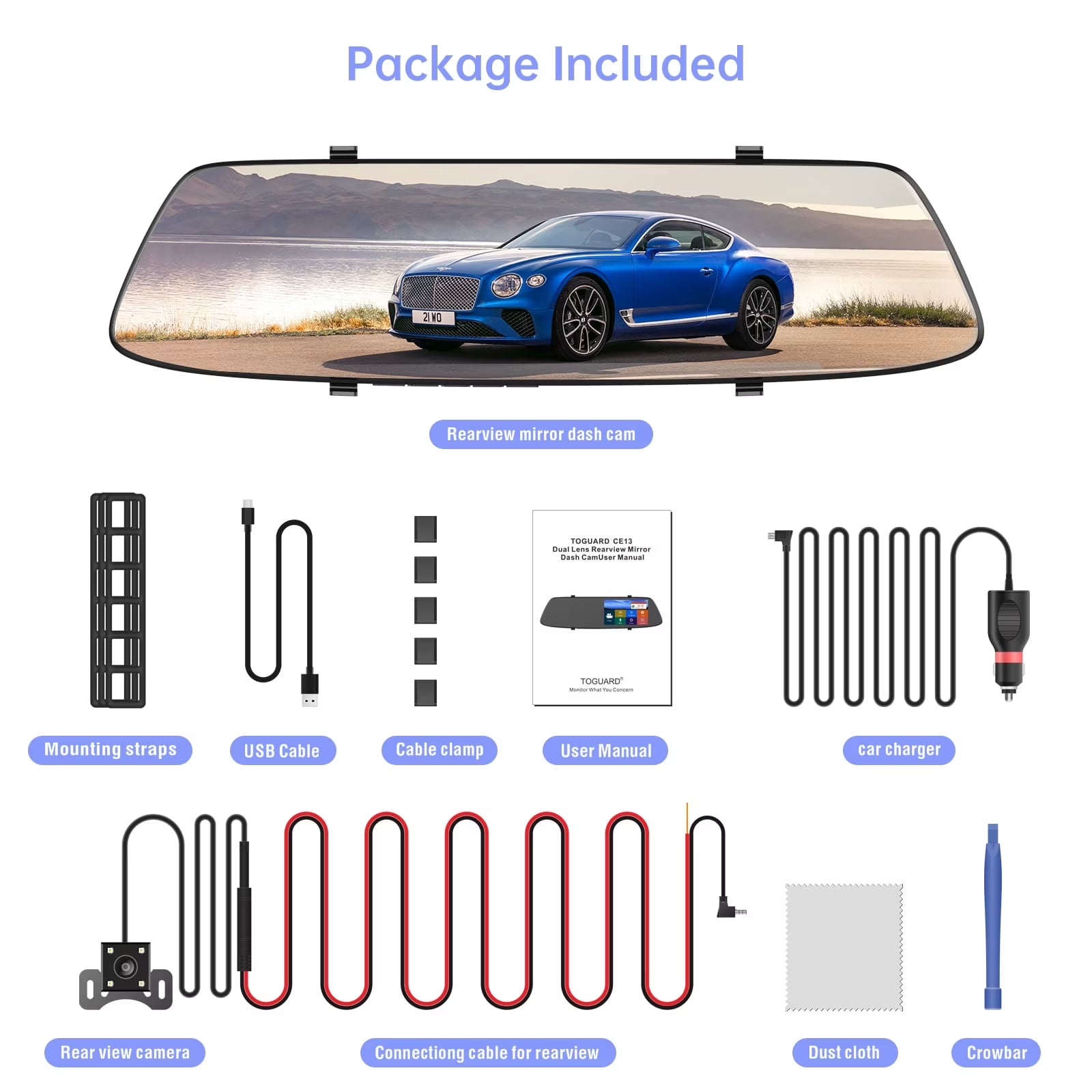 TOGUARD 4.3" Mirror Dash Cam 720P Dual Front and Rear with Touchscreen, 170° Wide Angle, Night Vision, G-Sensor, Loop Recording, 32.8Ft Cable for Suv/Truck