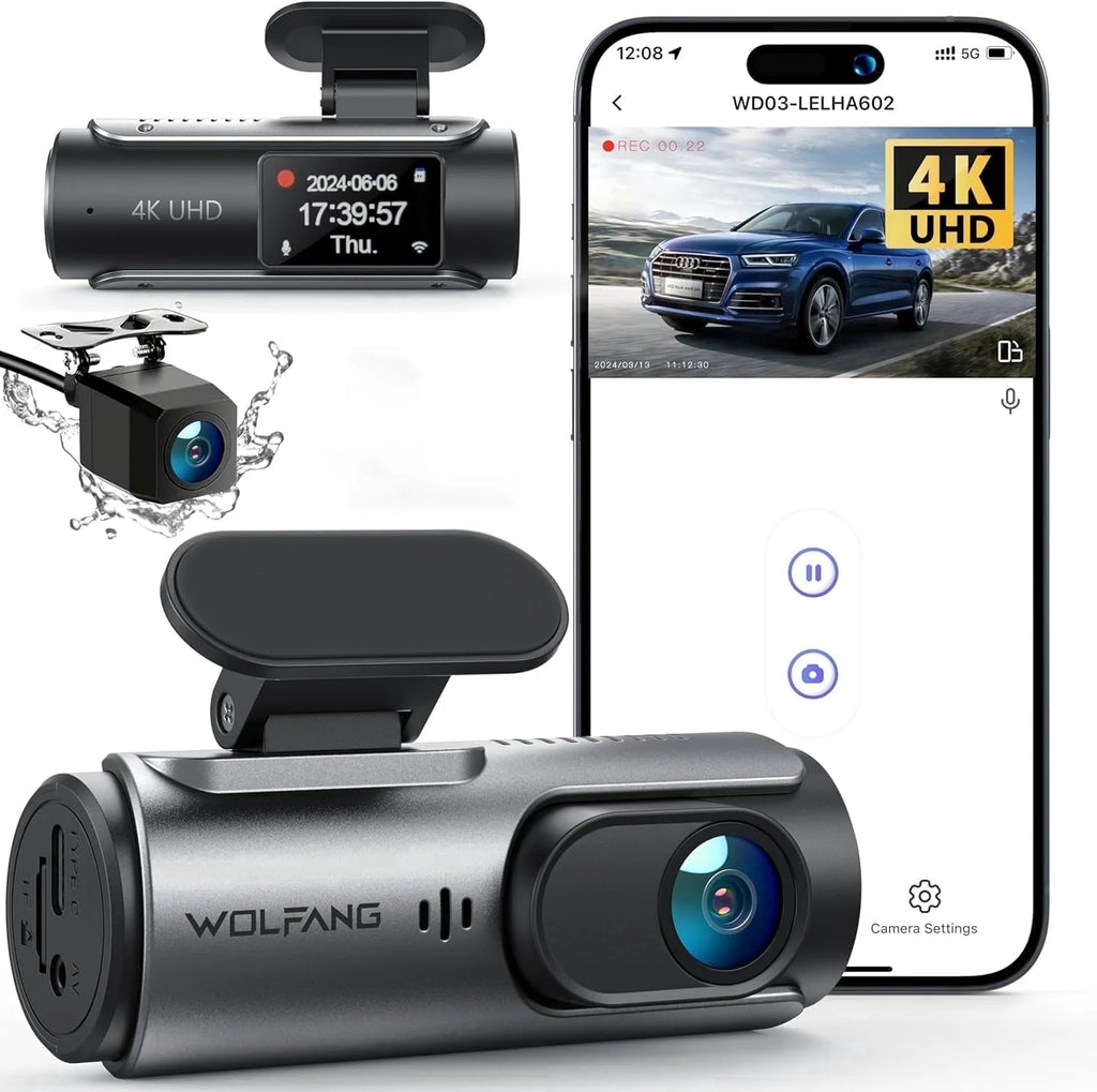 4K Front and 1080P Rear Dual Dash Cam - 3" IPS Screen, 170° Wide Angle, Night Vision, G-Sensor, Loop Recording, Parking Monitor, 128GB Support