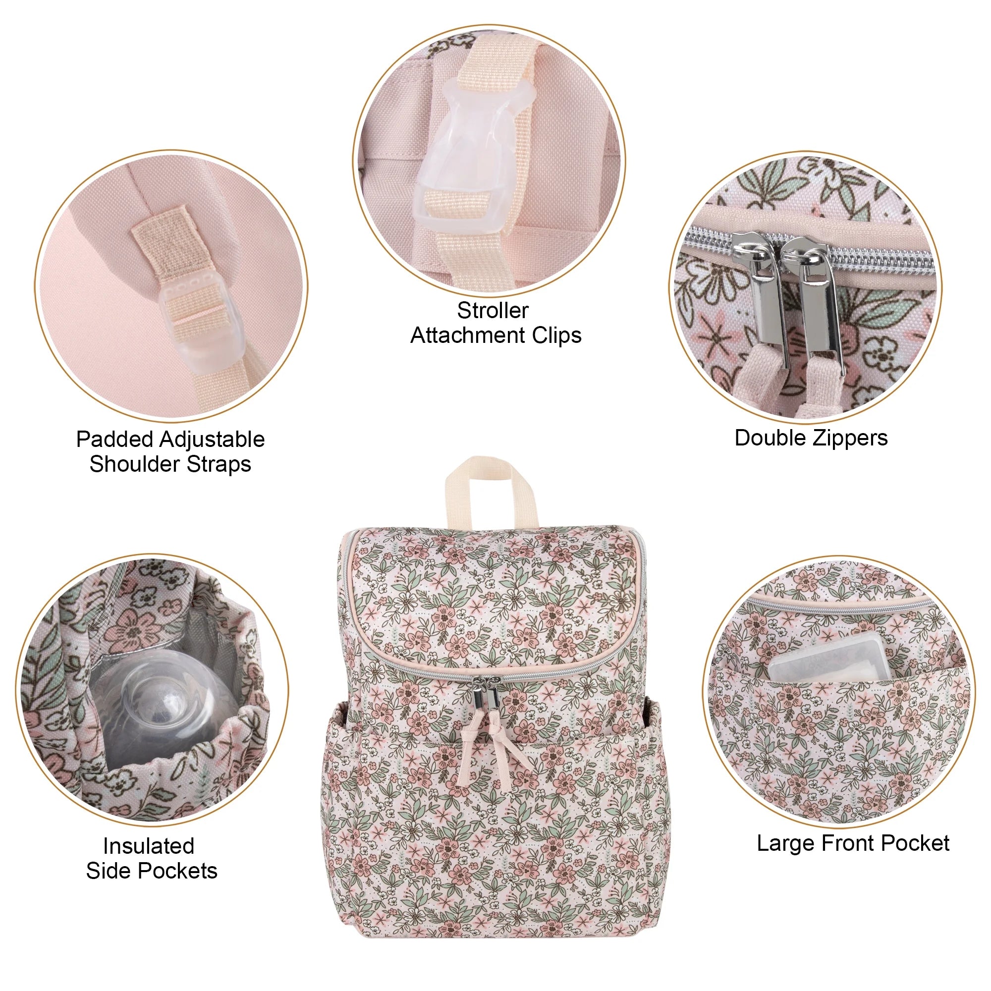 Baby Essentials 2 Piece Baby Diaper Backpack with Stroller Straps and Matching Changing Pad in Floral Taupe