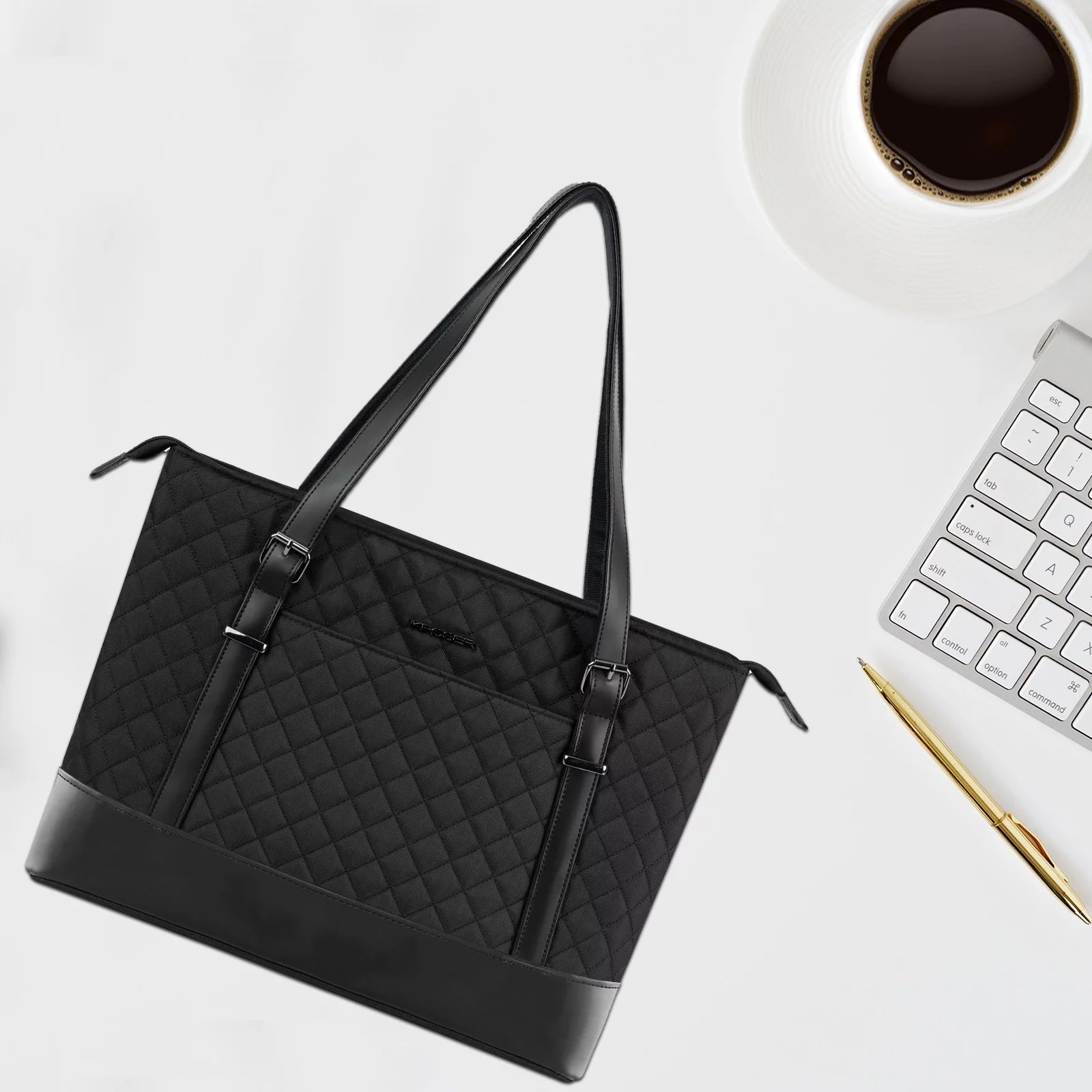 KROSER 15.6" Quilt Laptop Tote Bag, Computer Shoulder Bag, Black