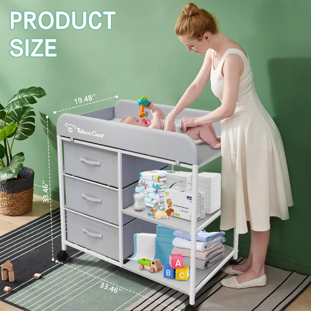 G TALECO GEAR Baby Changing Table, Portable Diaper Changing Station with Wheels, Nursery Organizer for Newborn and Infant, Light Gray
