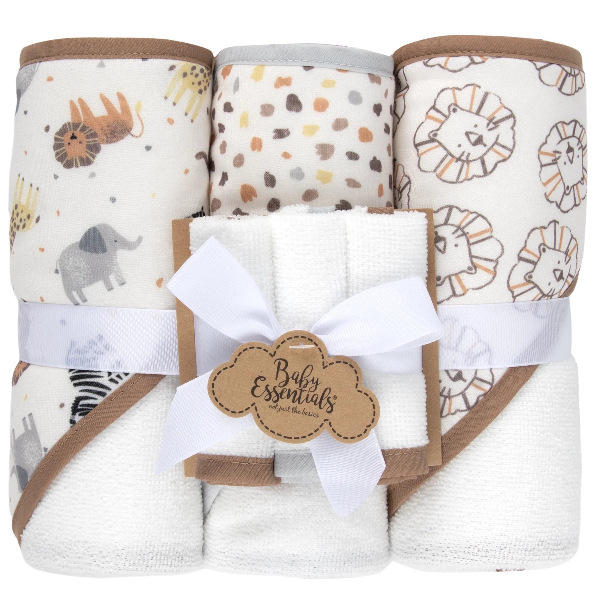 Baby Essentials 6 Piece Hooded Bath Towel Washcloth Set for Infant, Newborns, Toddlers 3 – 24 Months for Bath Time, Showers, Lounge, Beach, Pool in Dinosaurs & Stripes