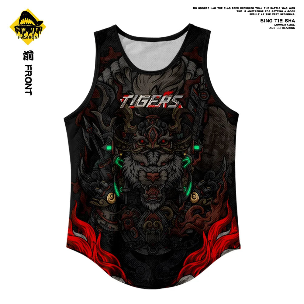 Men'S Fashion Sleeveless Black Tiger Print Tank Top Vest Fitness Bodybuilding Muscle Undershirt Gym Sportwear