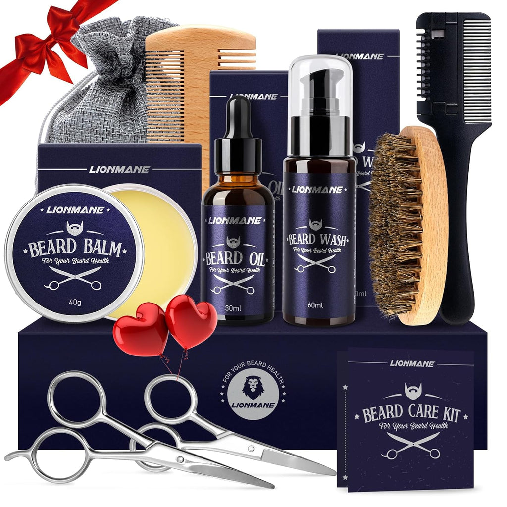 Lionmane Beard Care Gifts Kit for Men, Father’S Day Gifts, Beard Mustache Grooming Kit - Beard Balm, Beard Wash, Beard Oil, Brush, Scissors, Birthday Anniversary Gifts for Husband/Boyfriend/Dad/Him