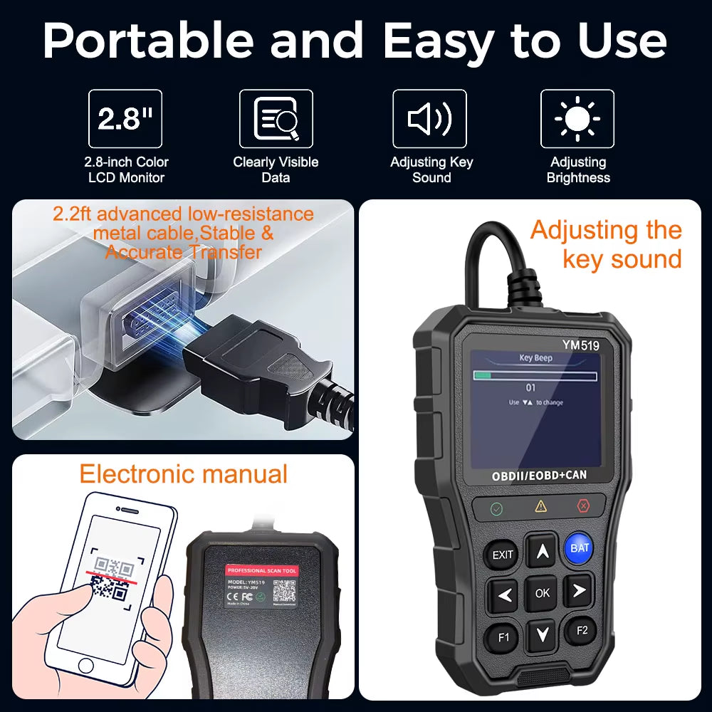 Code Reader Fault Code Scanner Multi-Language YM519 Car Diagnostic Tool OBD2 Code Reader Check Engine System Battery Tester