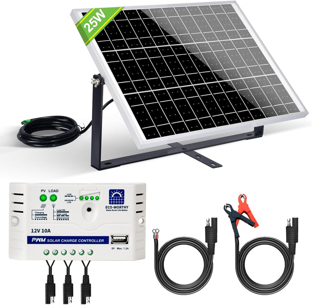 ECO-WORTHY 25 Watts 12V off Grid Solar Battery Charger Kit: Waterproof Solar Panel + Adjustable Mount Bracket + SAE Connection Cable +10A Charge Controller for Car RV Marine Boat 12V Battery