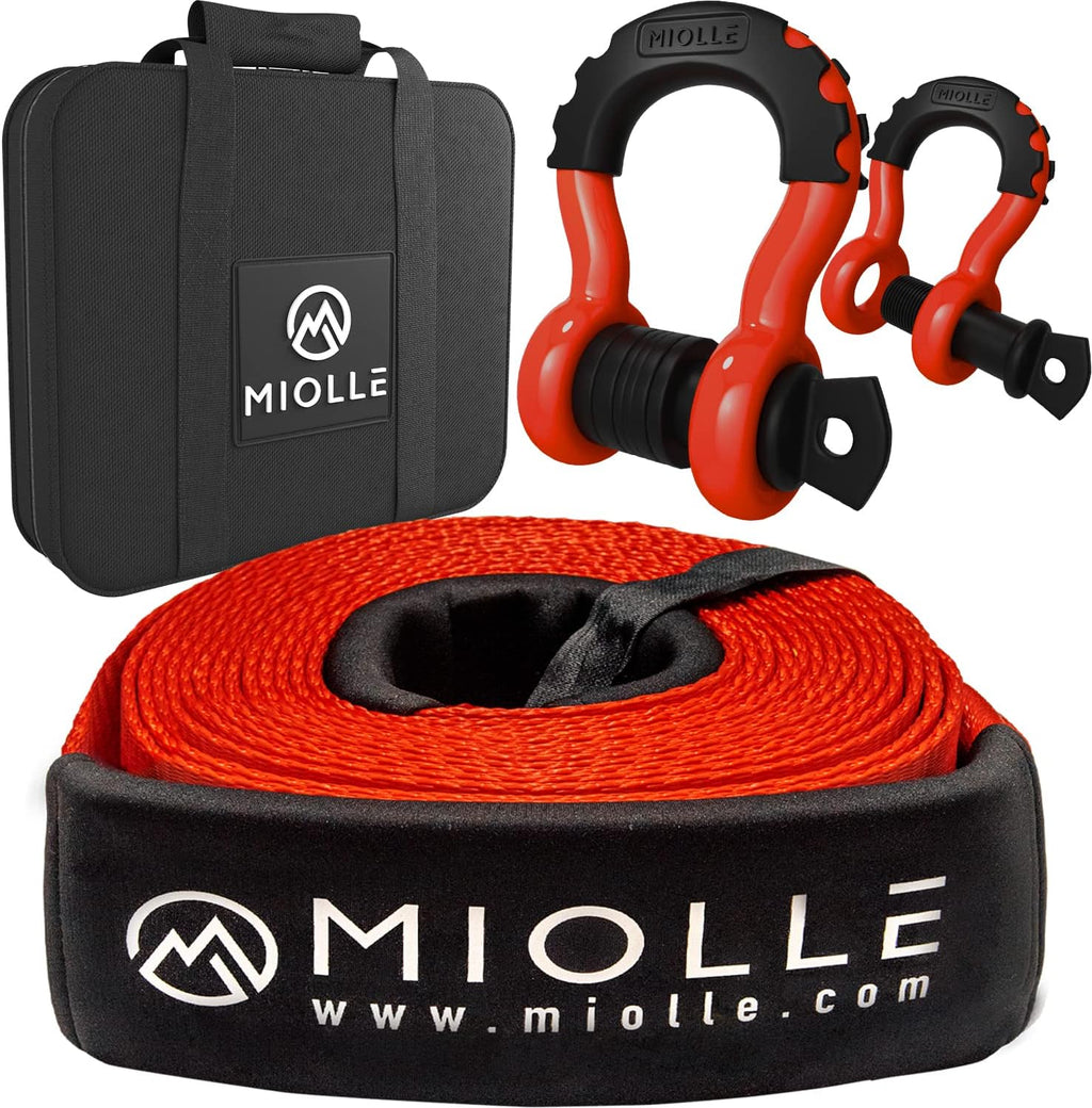 Miollegear Heavy-Duty 4”x30’ Tow Strap Kit - 45000Lbs MBS Recovery Strap with Tow Rope, 2 D-Ring Shackles (MBS 62700Lbs) & Storage Case