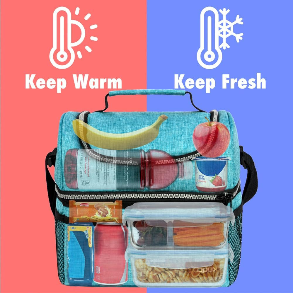 OPUX Insulated Double Decker Lunch Box - Large 12L Leakproof Cooler for Adults & Kids - Aqua Turquoise Soft Tote for Work & School Meal Prep