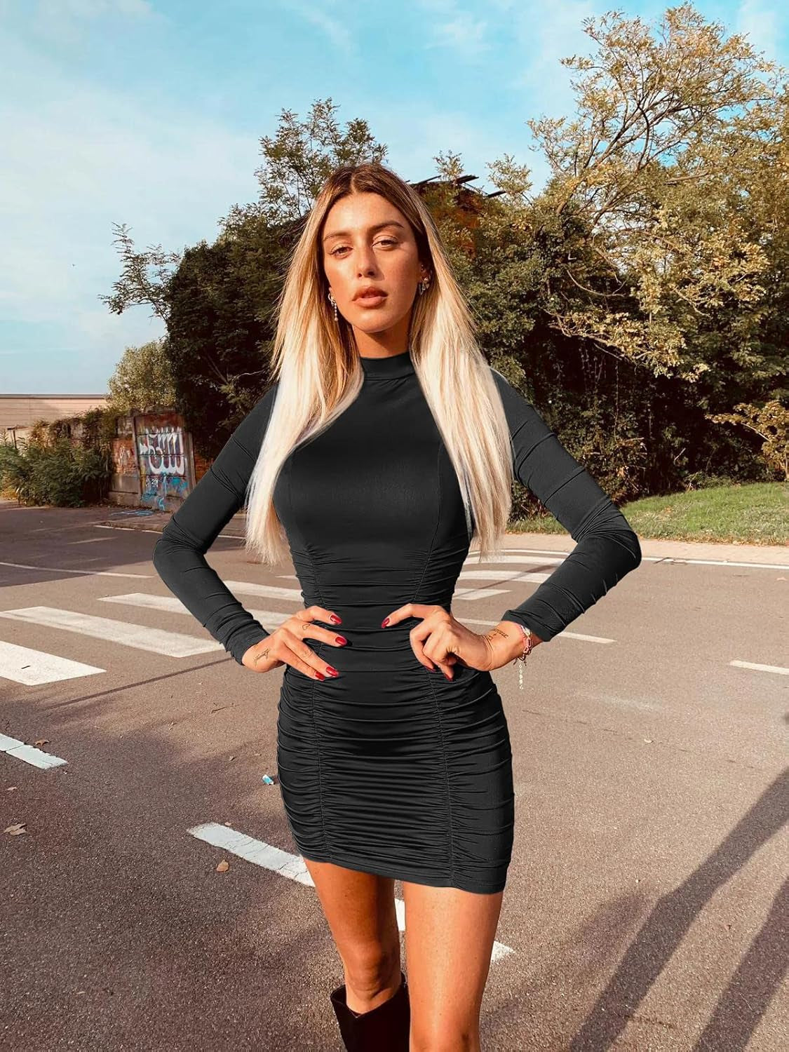 GOKATOSAU Women'S Sexy Stand Neck Bodycon Long Sleeve Ruched Club Party Mini Dress