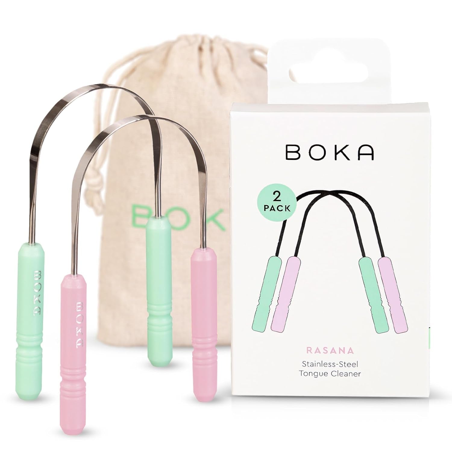 Boka Tongue Scraper for Adults & Kids with Case - Stainless Steel Tongue Cleaner W/Linen Travel Pouch - Scrubber to Remove Tongue Buildup and Freshens Breath (Pack of 1)
