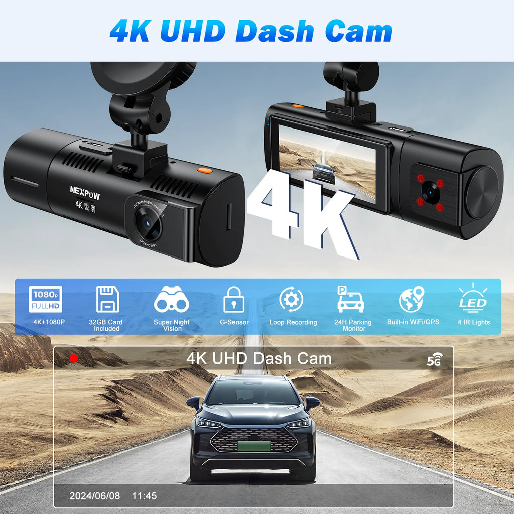 NEXPOW Dash Cam Front and Rear, 4K Full HD Dash Camera with Built-In Wifi GPS, Super Night Vision, WDR, 24H Parking Mode, 32GB Card Included