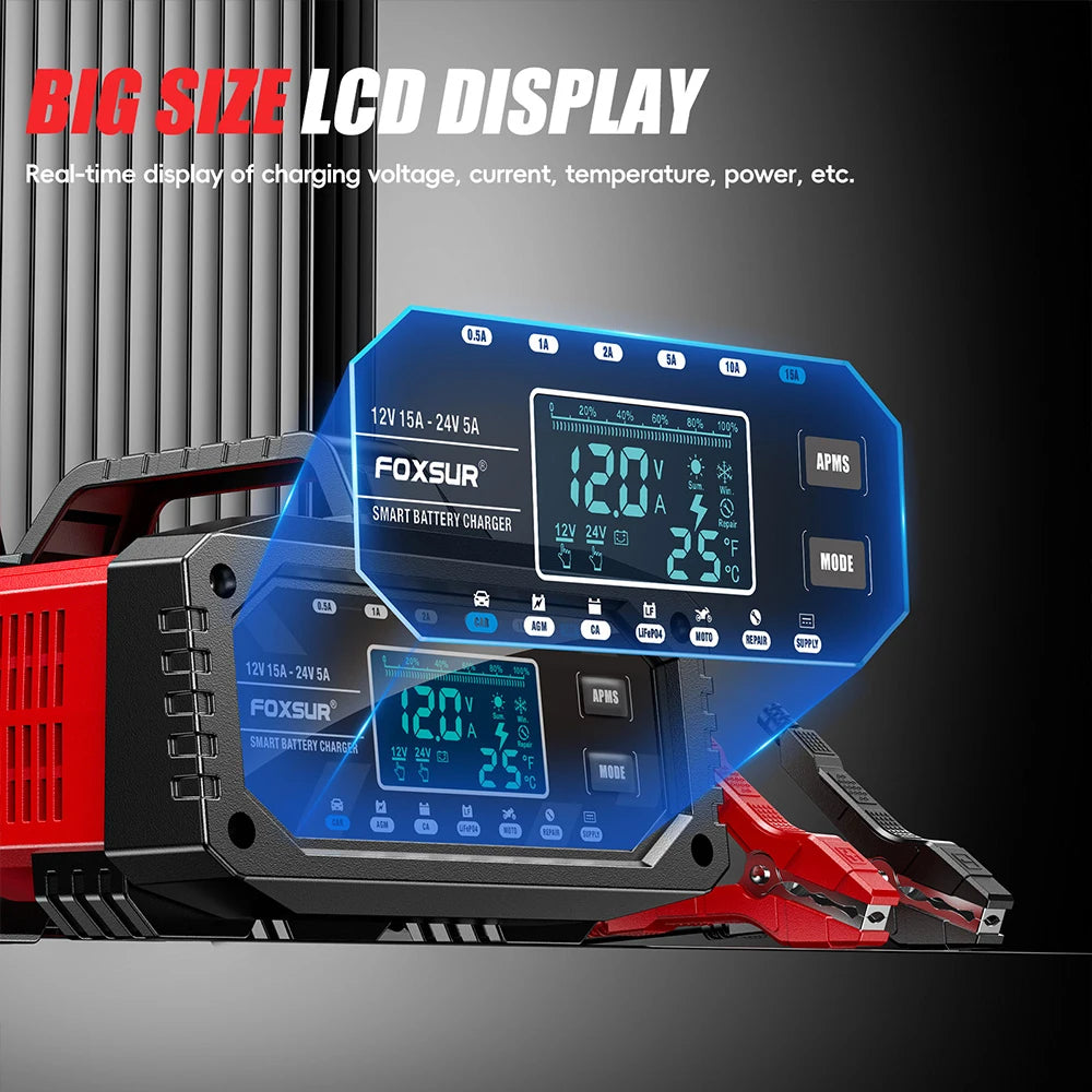 300W Car Battery Charger Full Automatic Protect Quick Charger 12V/24V Multiple Protections LCD Display