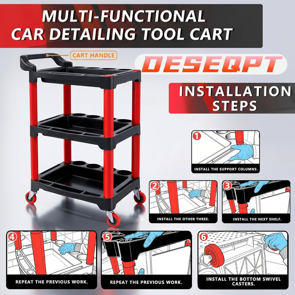Auto Detailing Cart with Wheels, 3 Tier Rolling Detail Cart, Car Wash Organizer for Detailers Garage, Workshop, Repair Shop, Storage Tool