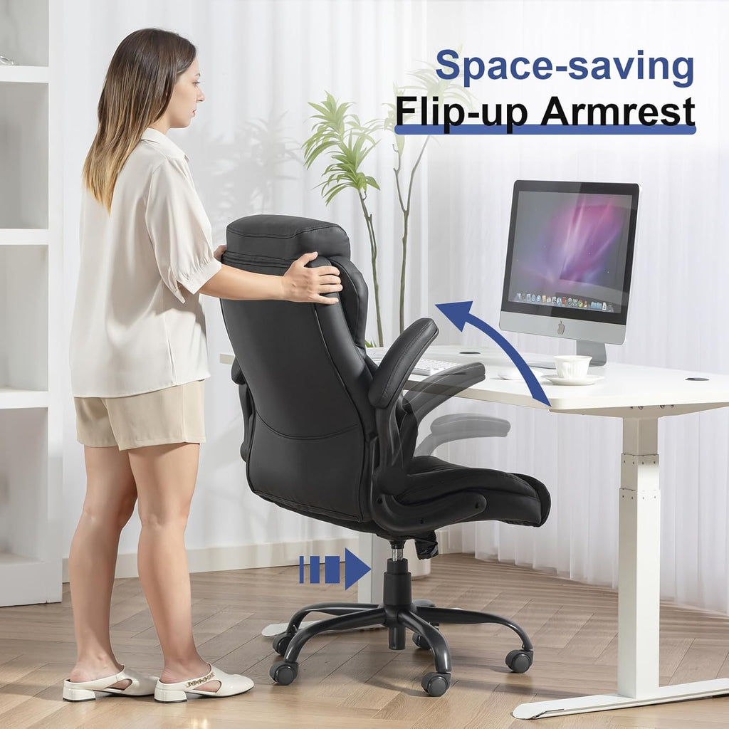 Brage Living 400LBS Big and Tall Office Chair, Heavy Duty Leather Executive Desk Chair with Padded Flip-Up Arms, Swivel Rolling Computer Chair for Home Office, Black