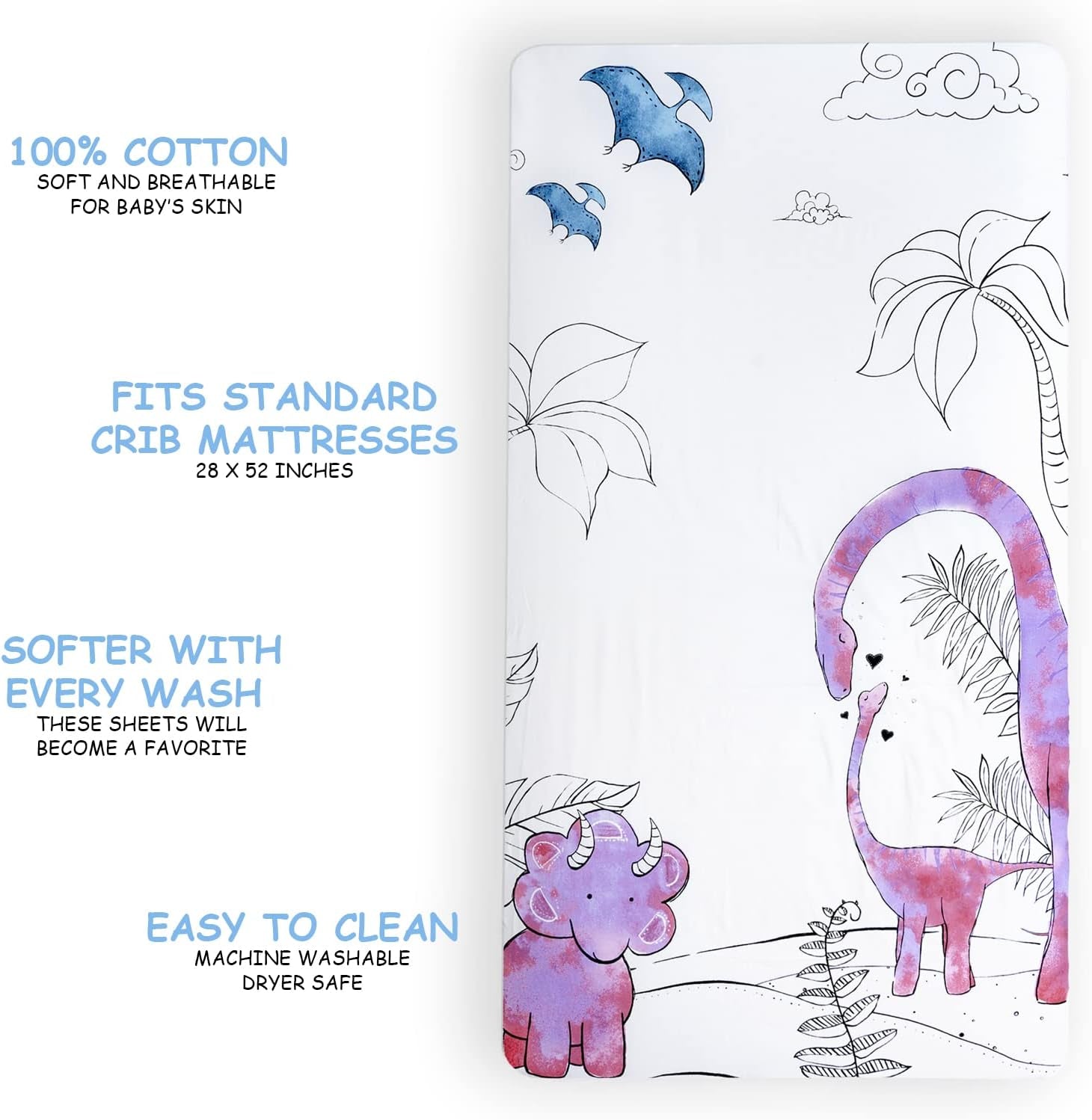 Jumpoff Jo - Fitted Crib Sheet, Super Soft Breathable 100% Cotton Baby Crib Sheet for Standard Crib Mattresses and Toddler Beds, 28 In. X 52 In. - Pink Dinosaur