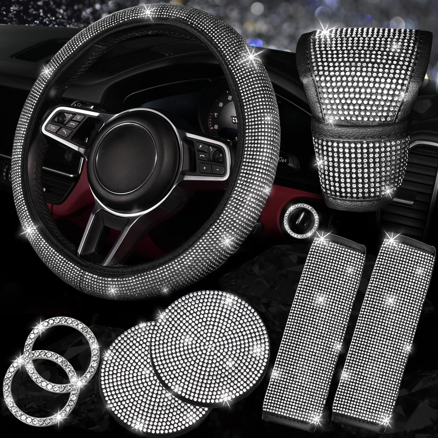 Sparkling 8-Piece Bling Car Accessories Set for Women - Steering Wheel Cover, Seat Belt Covers & Gear Shift Cover in Silver Diamond - Universal Fit for Most Cars