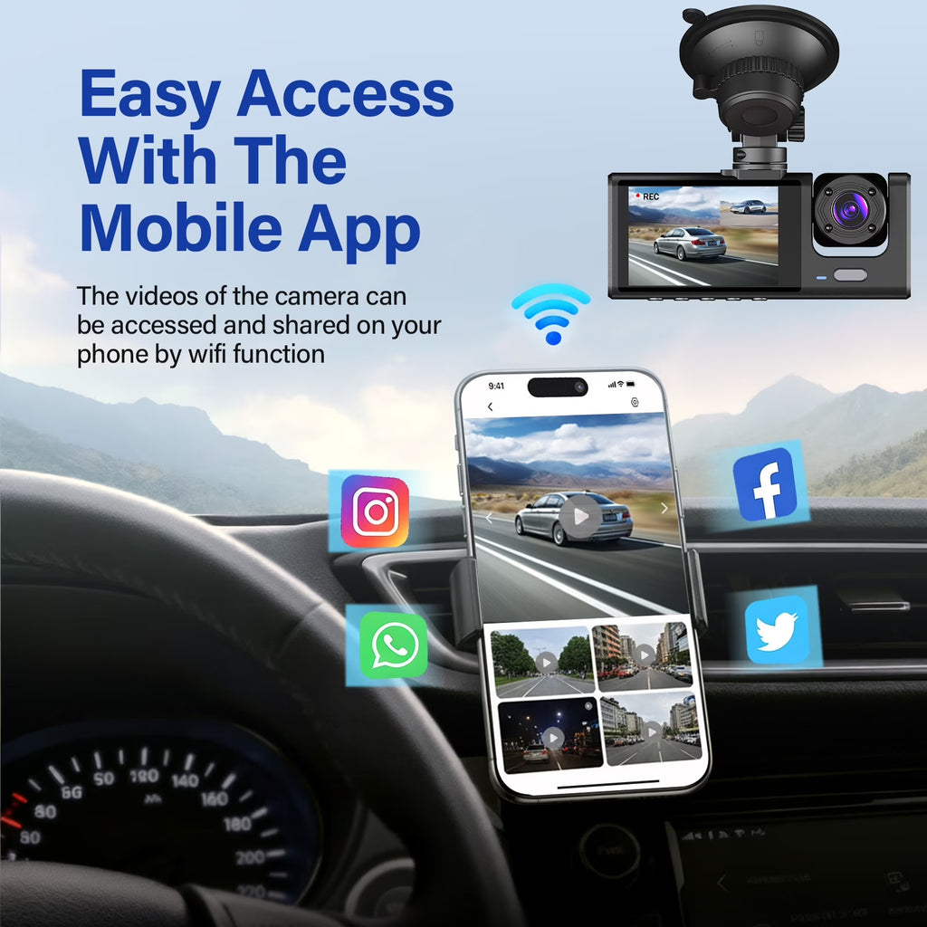 Dash Cam Front and Rear, 3 Channel Dash Cam, 1080P Dash Camera for Cars, Built-In Wi-Fi, Night Vision, Loop Recording