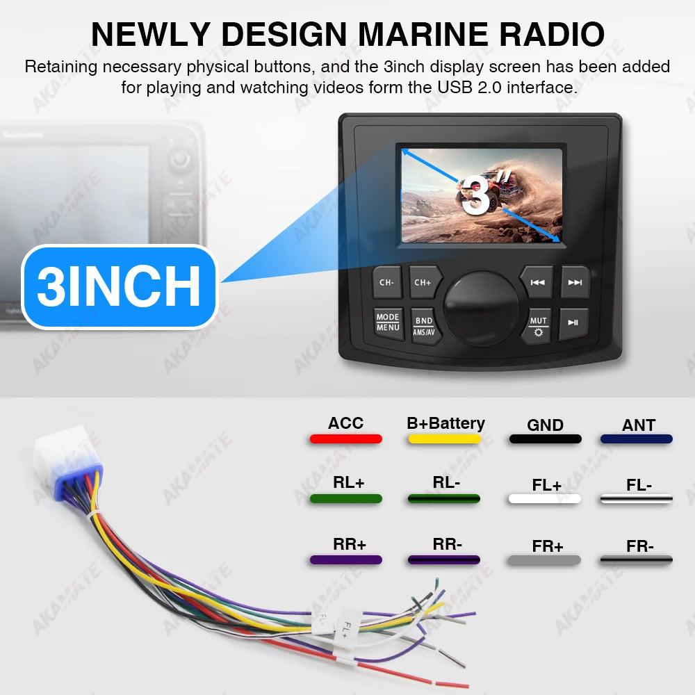 Marine Radio MP5 Boat Radio Stereo 3Inch Display Media Video Player Waterproof Bluetooth AUX AM FM RDS for ATV UTV SPA RZR