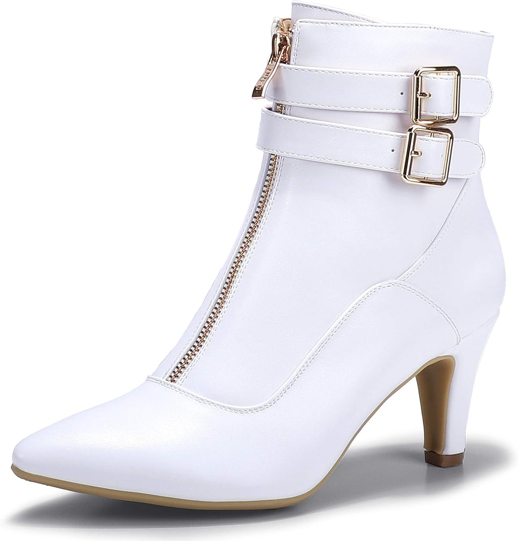 IDIFU Women'S Pointed Toe Metal Buckle Two Strap Ankle Booties Side Zipper Kitten Heel Dress Classic Short Boots