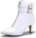 IDIFU Women'S Pointed Toe Metal Buckle Two Strap Ankle Booties Side Zipper Kitten Heel Dress Classic Short Boots